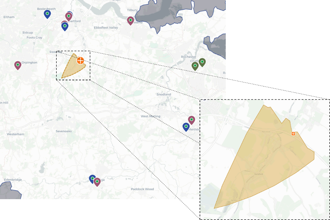 Grammar-school catchments across north-west Kent, with the zone near Eynsford where several statutory catchments stack shown in brass and magnified
