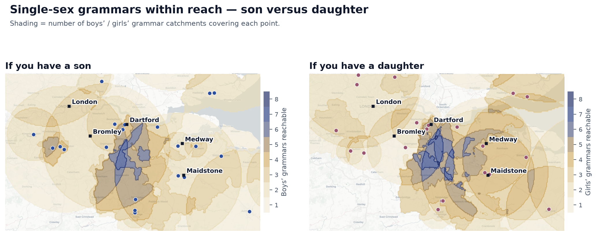Two side-by-side maps of north-west Kent and London. Left, 'If you have a son', shades how many boys' grammars cover each point; right, 'If you have a daughter', the same for girls' grammars. Both peak in a dark navy zone in north-west Kent.