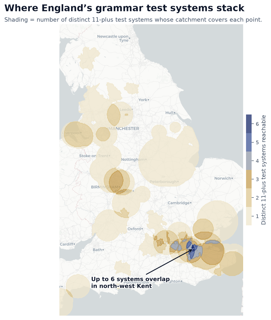 Map of England shading each area by the number of distinct grammar 11-plus test systems whose catchments cover it. Most areas are pale (one system); a corner of the South-East near north-west Kent is dark navy, marking up to six overlapping systems.