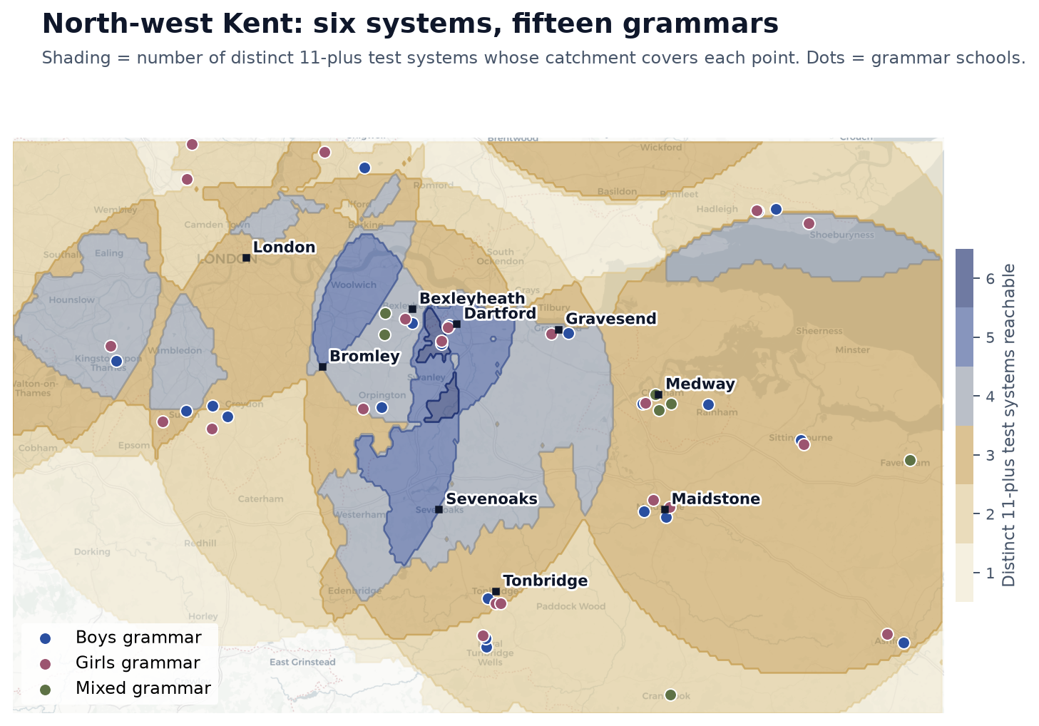 Map of north-west Kent showing where grammar test systems overlap